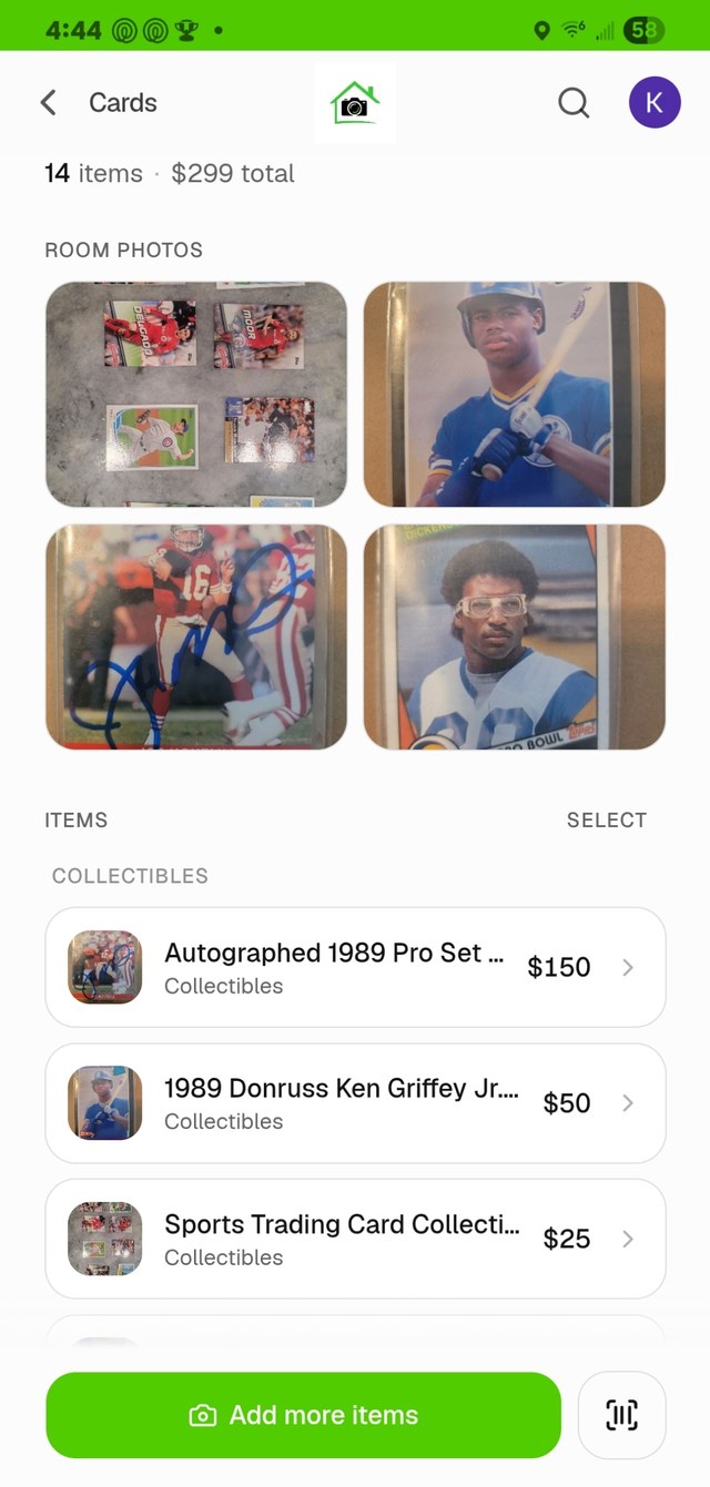 A Cards room in Homvi: an autographed 1989 Pro Set card and a 1989 Donruss Ken Griffey Jr. listed on their own, and the rest of the box as one lot