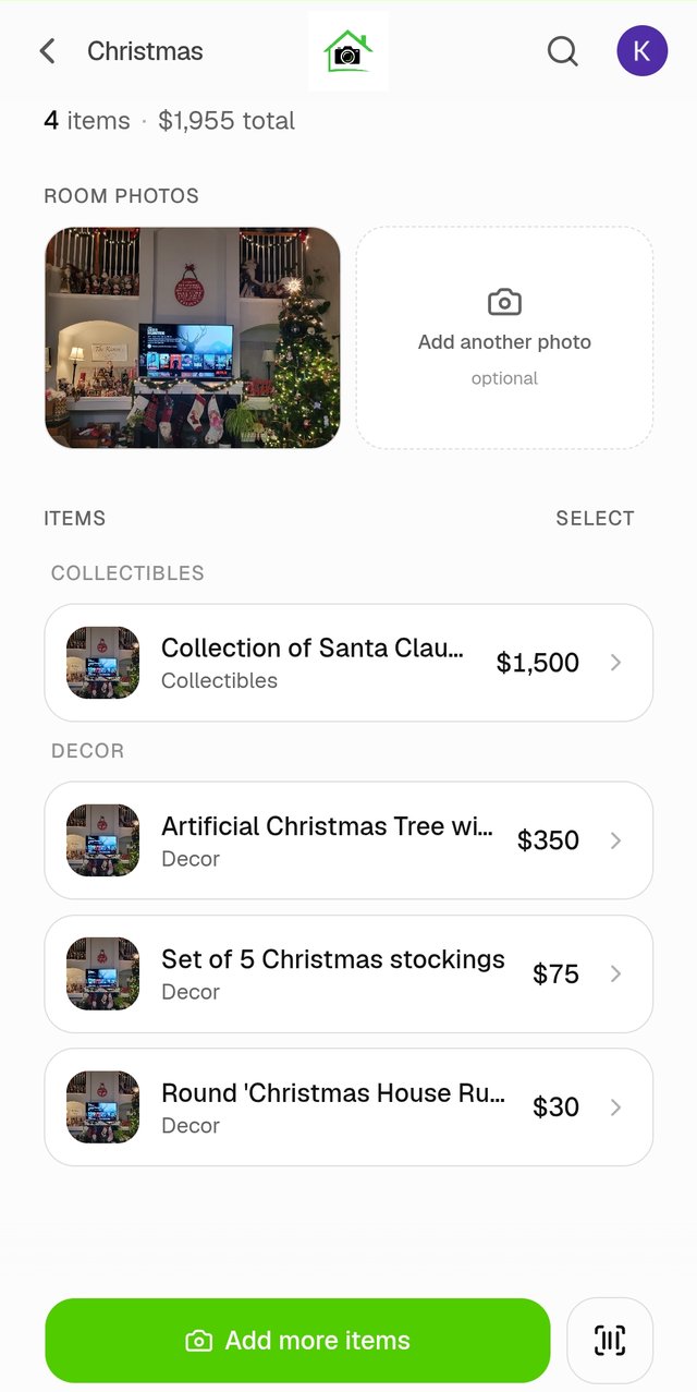 The Homvi app showing a room called Christmas with 4 items totaling $1,955: a Santa collection at $1,500, an artificial Christmas tree at $350, a set of 5 stockings at $75 and a round sign at $30