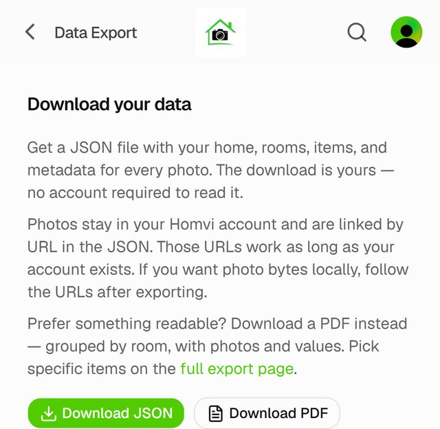 Data Export: Download JSON or Download PDF