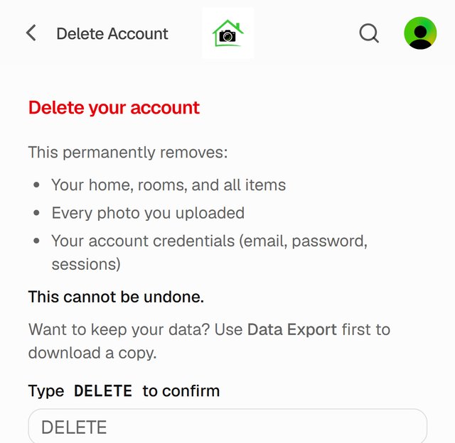Delete your account: what it removes, and the DELETE confirmation