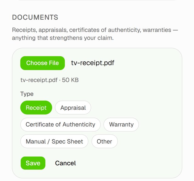 Add document: the file, its type, and Save