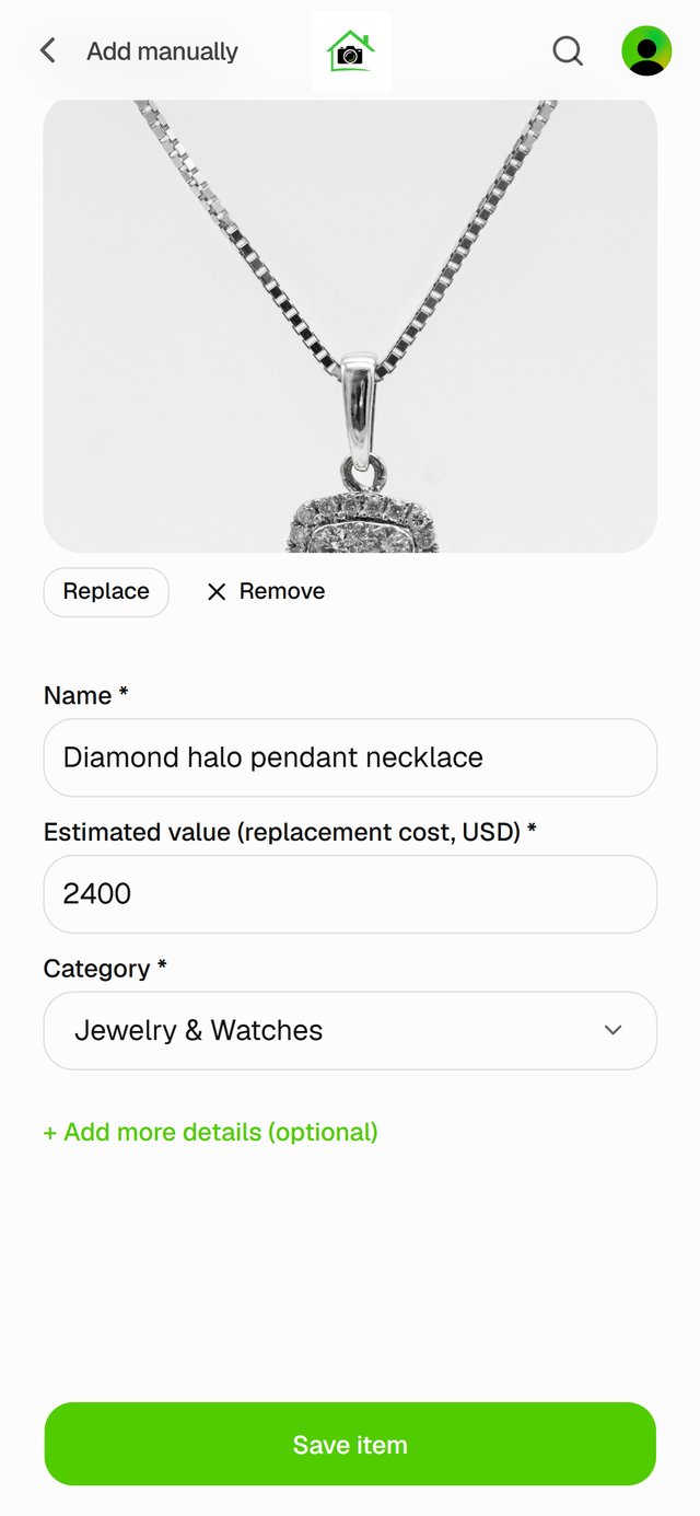 Add manually: a diamond pendant with its appraised value