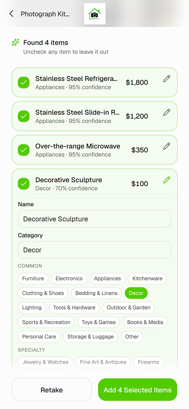 Editing a suggested item: name, category and value