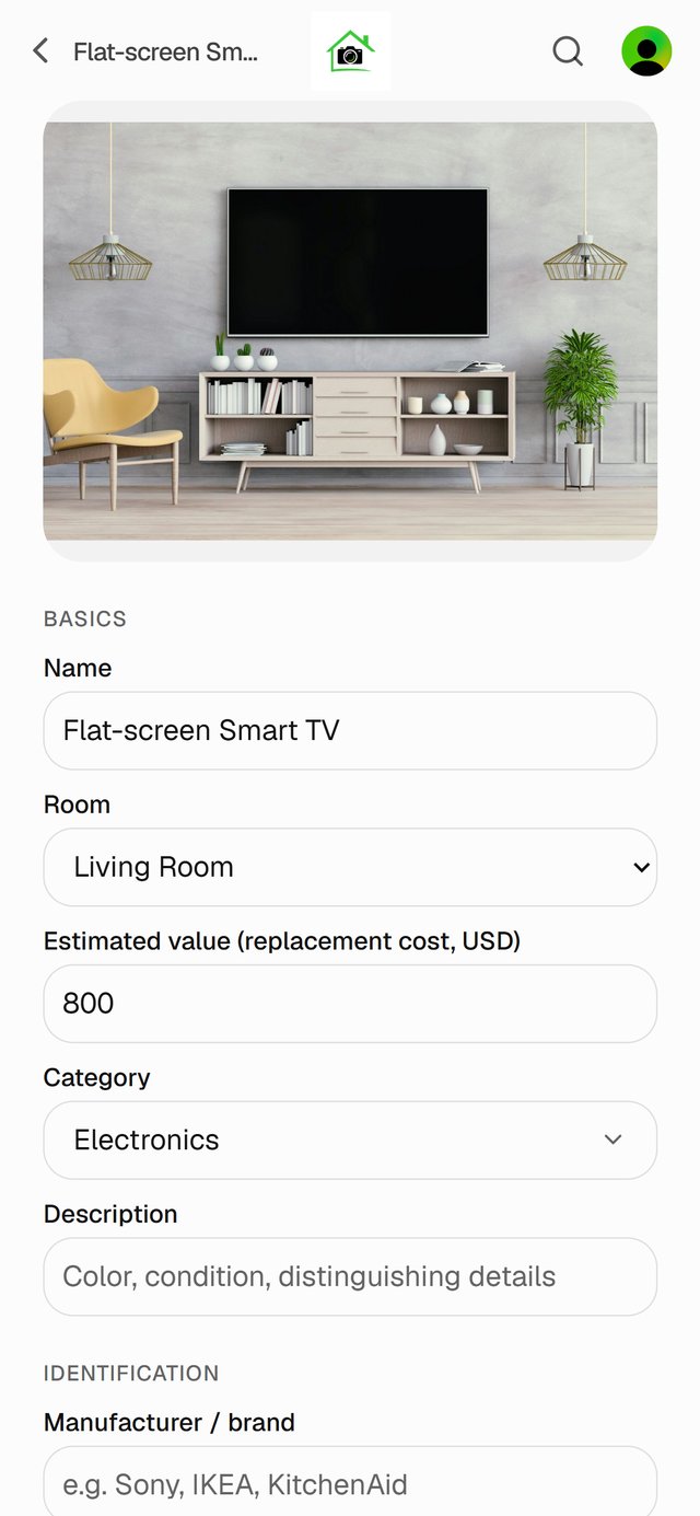 An item's page: photo, name, room, value and category