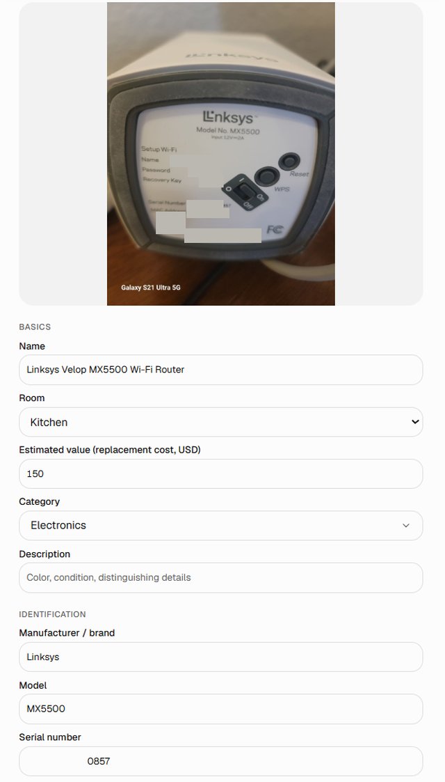 One close-up of a router's label filled in the brand, model and serial number
