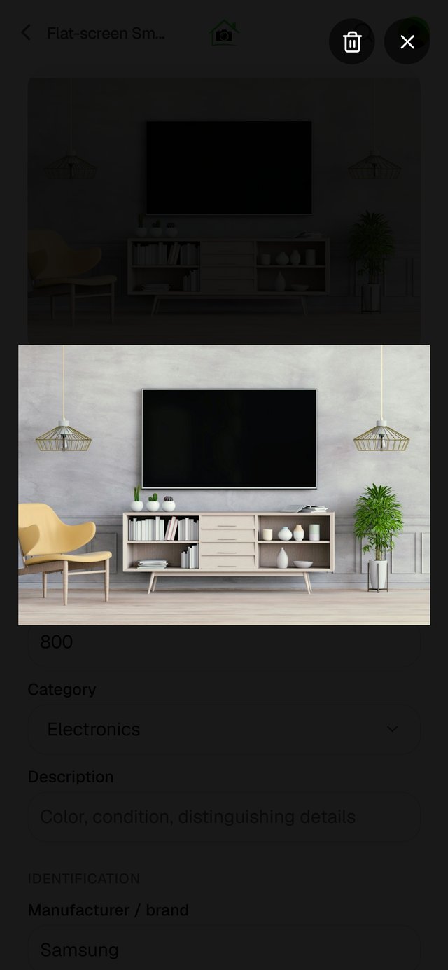 The photo full screen, with the trash icon at the top