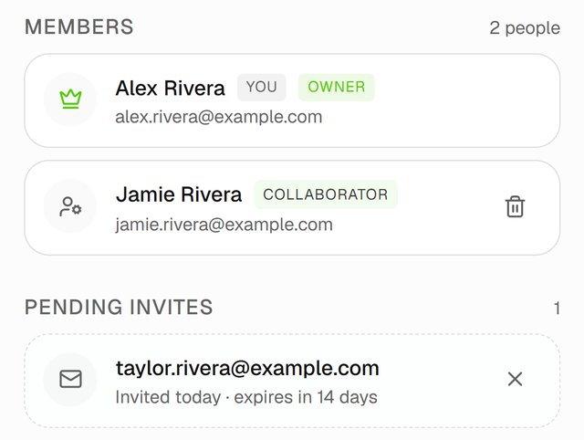 Members and Pending invites on the Sharing page