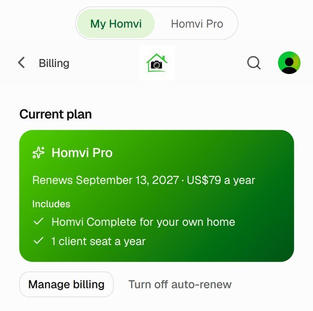 Billing: your Homvi Pro plan and renewal date