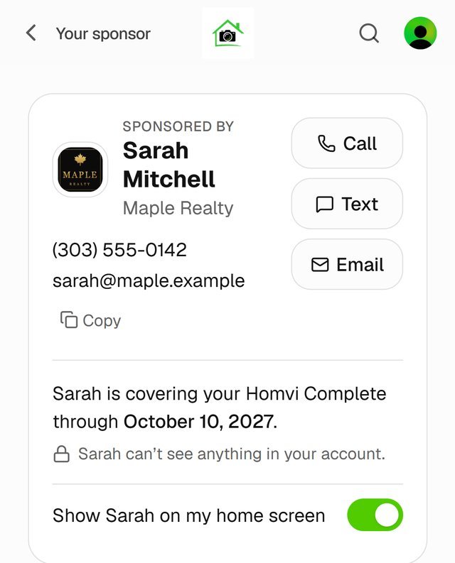 Your card in your client's app, with Call, Text and Email