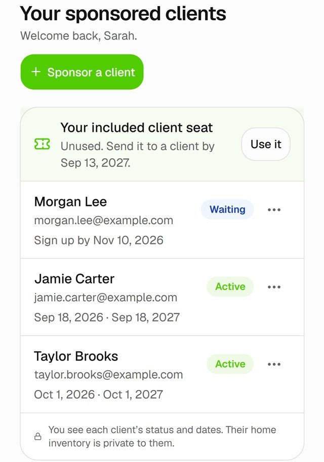 Your sponsored clients, with Waiting and Active labels