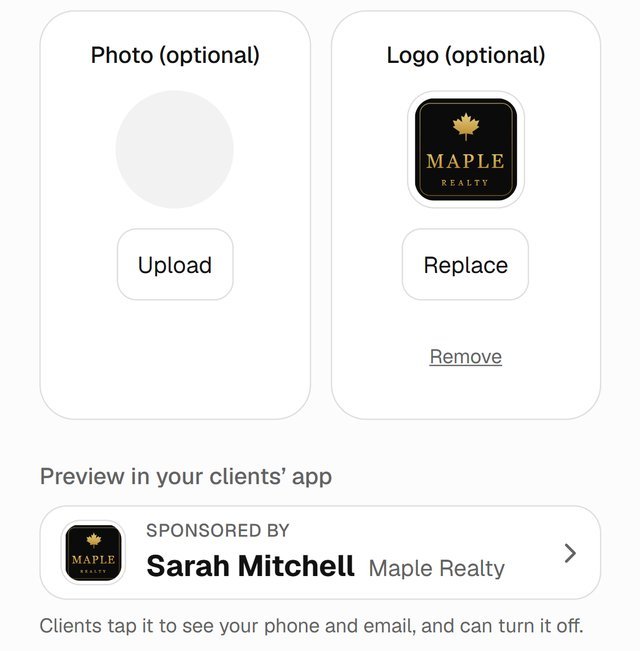 Add a photo or logo, with a preview of what clients see