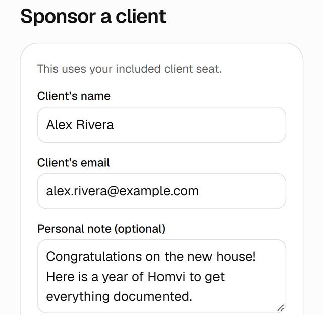 Sponsor a client: name, email and a personal note