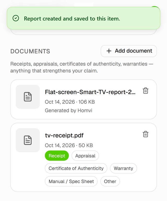 The report saved to the item's Documents