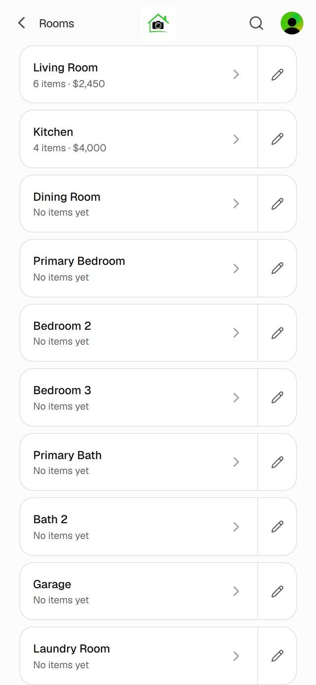 The list of rooms, each with a pencil to edit it