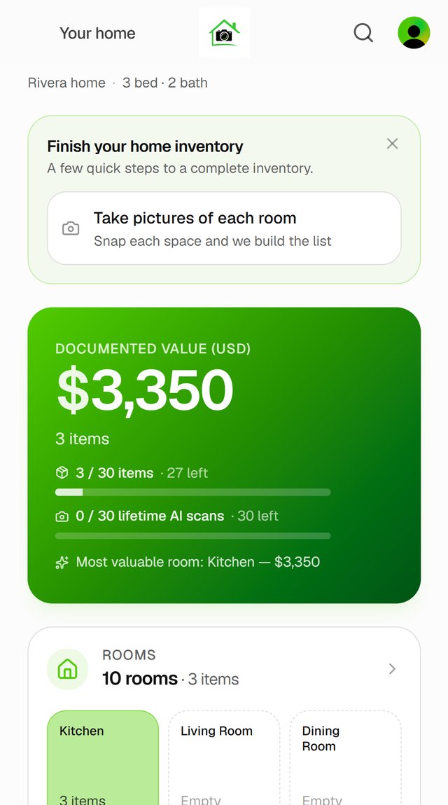 The dashboard with the checklist and documented value