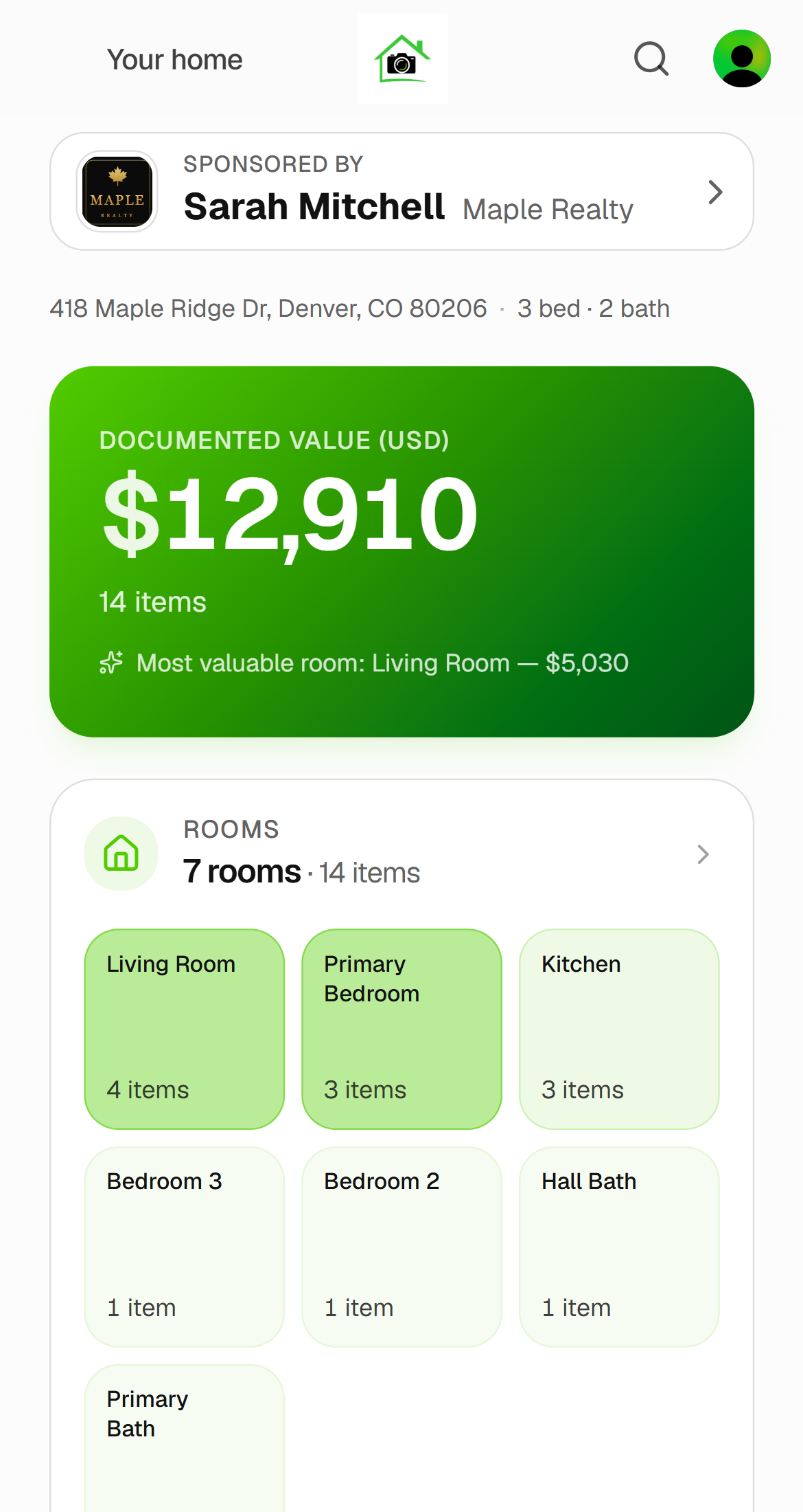 Example: a client's Homvi home screen with "Sponsored by Sarah Mitchell, Maple Realty" at the top, above the home's address, its documented value and its rooms