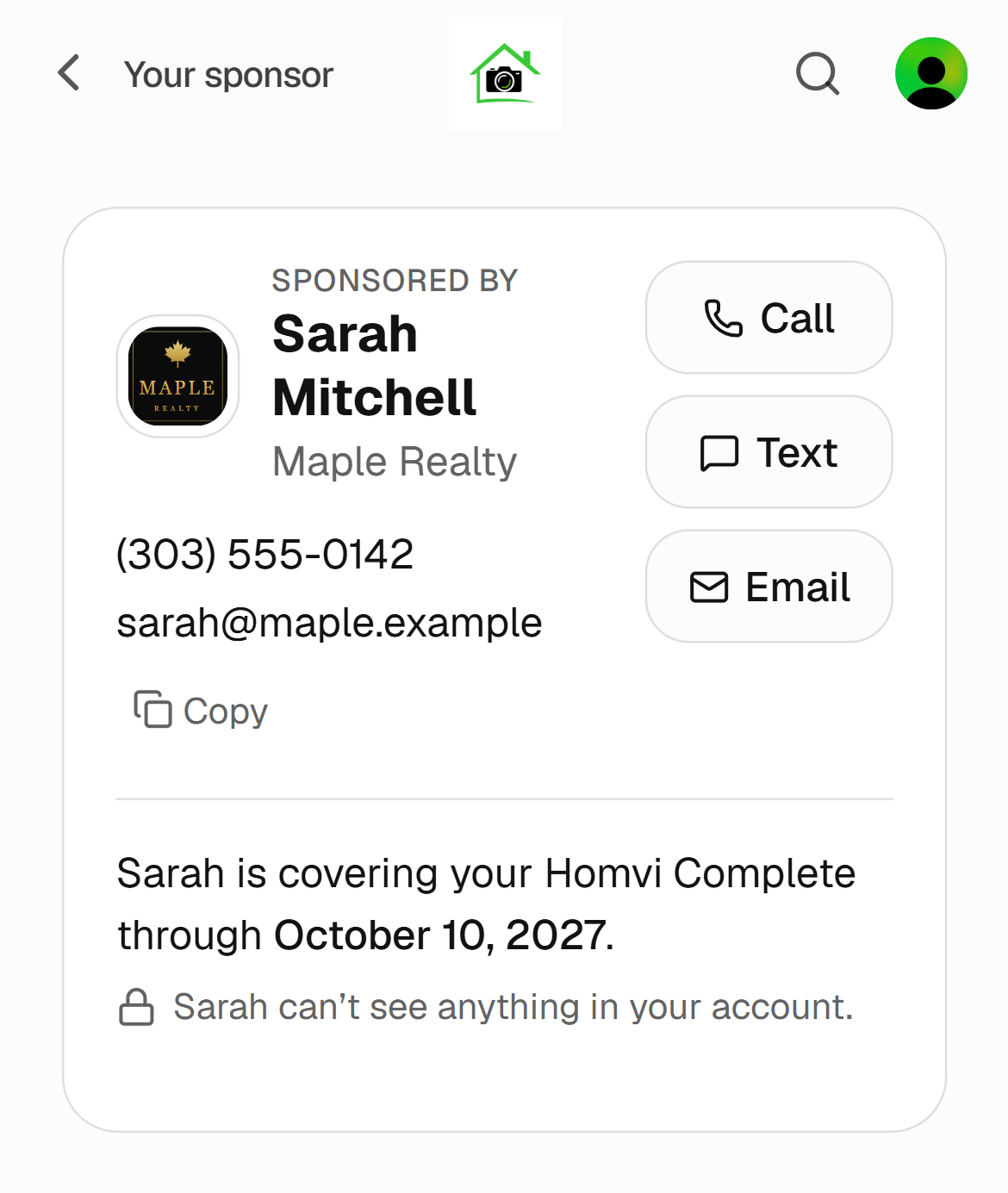 Example: the agent's card in the client's app, showing Sarah Mitchell of Maple Realty with a phone number and email, Call, Text and Email buttons, and a note that she can't see anything in the client's account