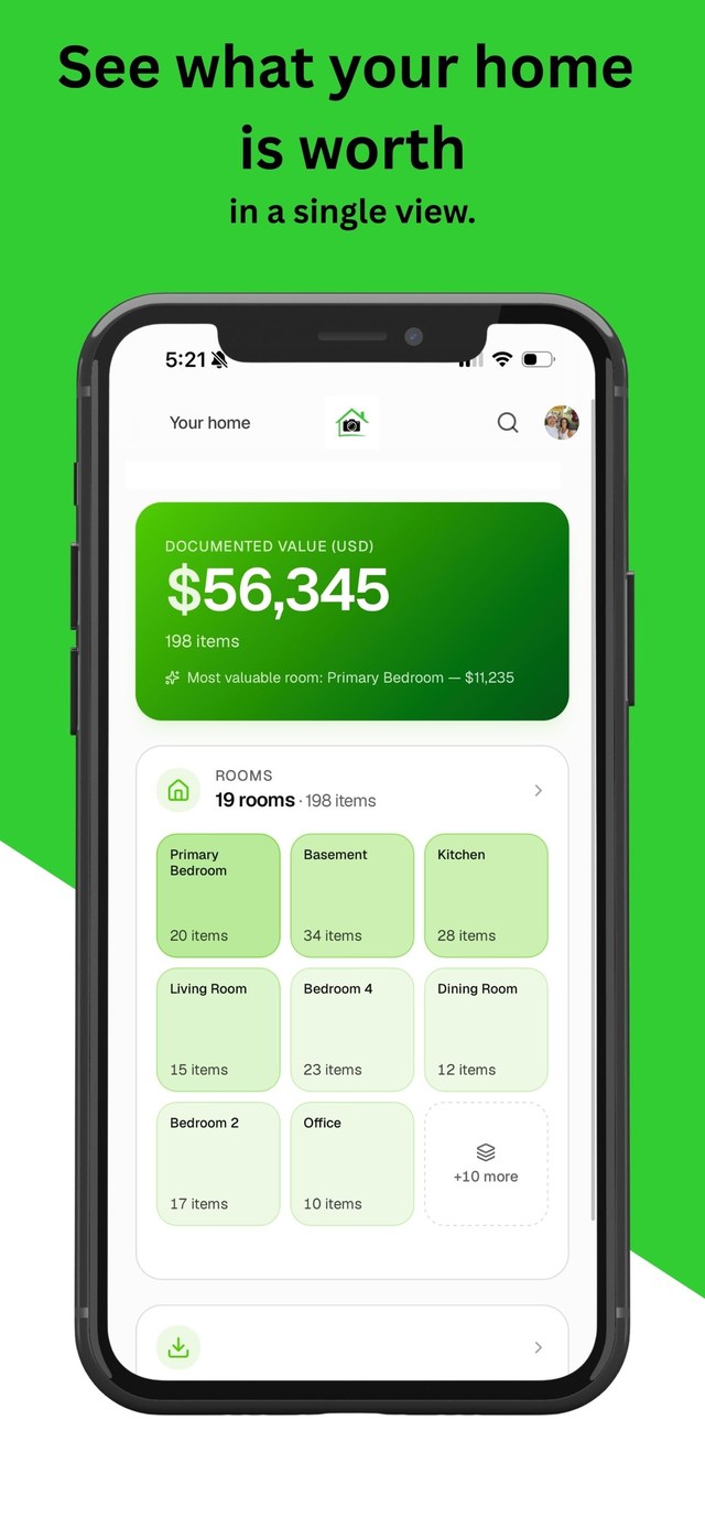 A home dashboard showing a documented value of $56,345 across 198 items in 19 rooms.