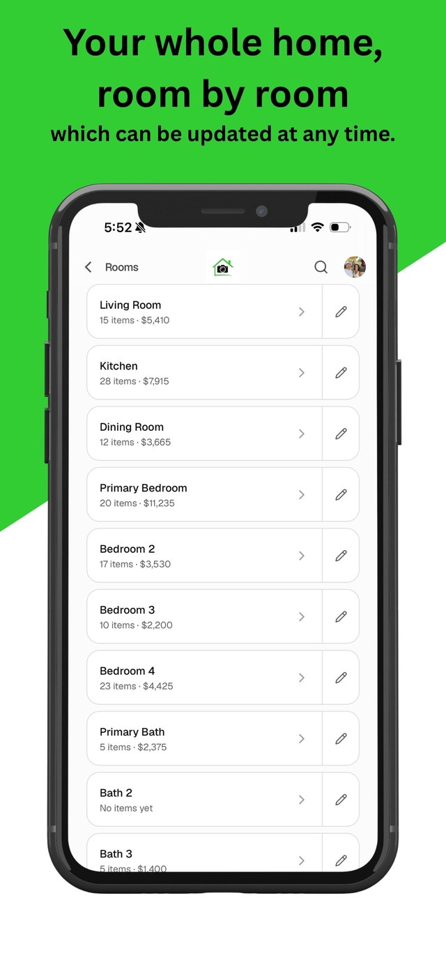 A room list showing item counts and total values for each room in the home.